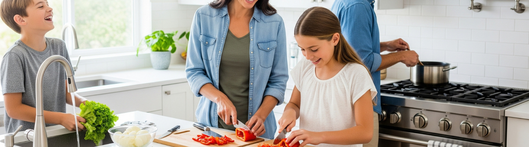 Happy family enjoying remodeled kitchen built by Granite South