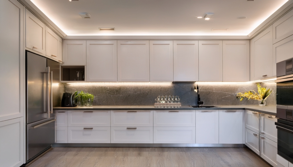 Contemporary kitchen with sleek white flat panel cabinets and under-cabinet lighting