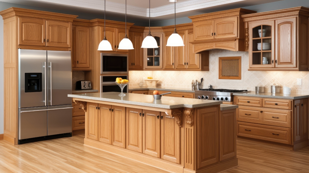 Traditional kitchen featuring ornate raised panel cabinets in natural wood finish