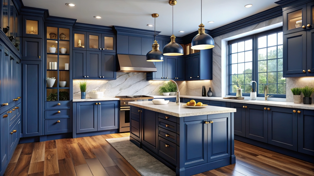 Modern kitchen with classic blue Shaker-style cabinets and brass hardware