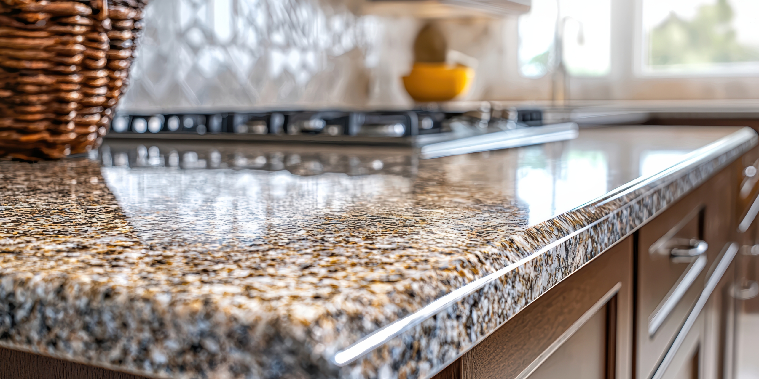 a kitchen with granite on the counter top