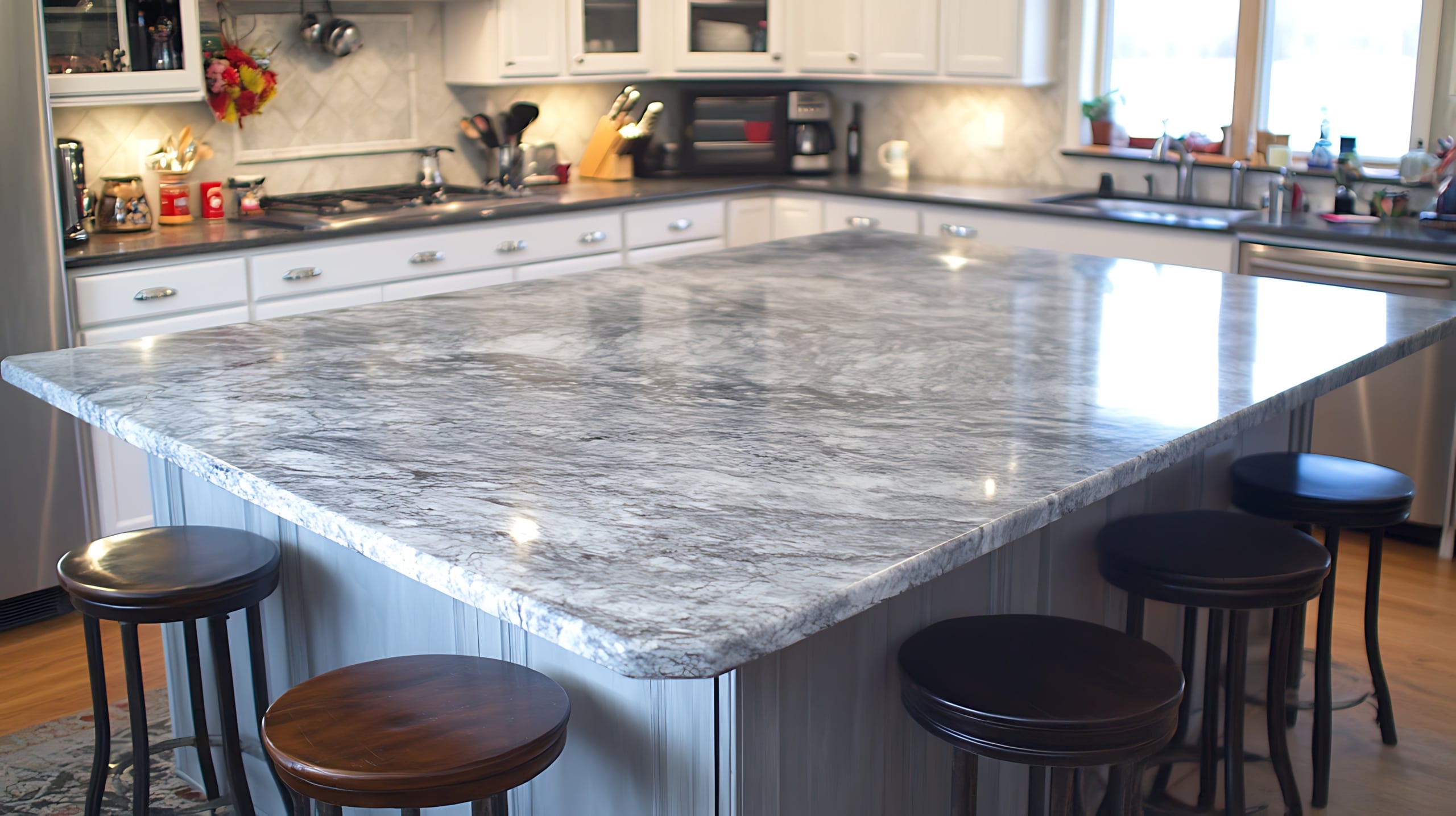 Kitchen island with granite counter and bar stools, background of cabinets