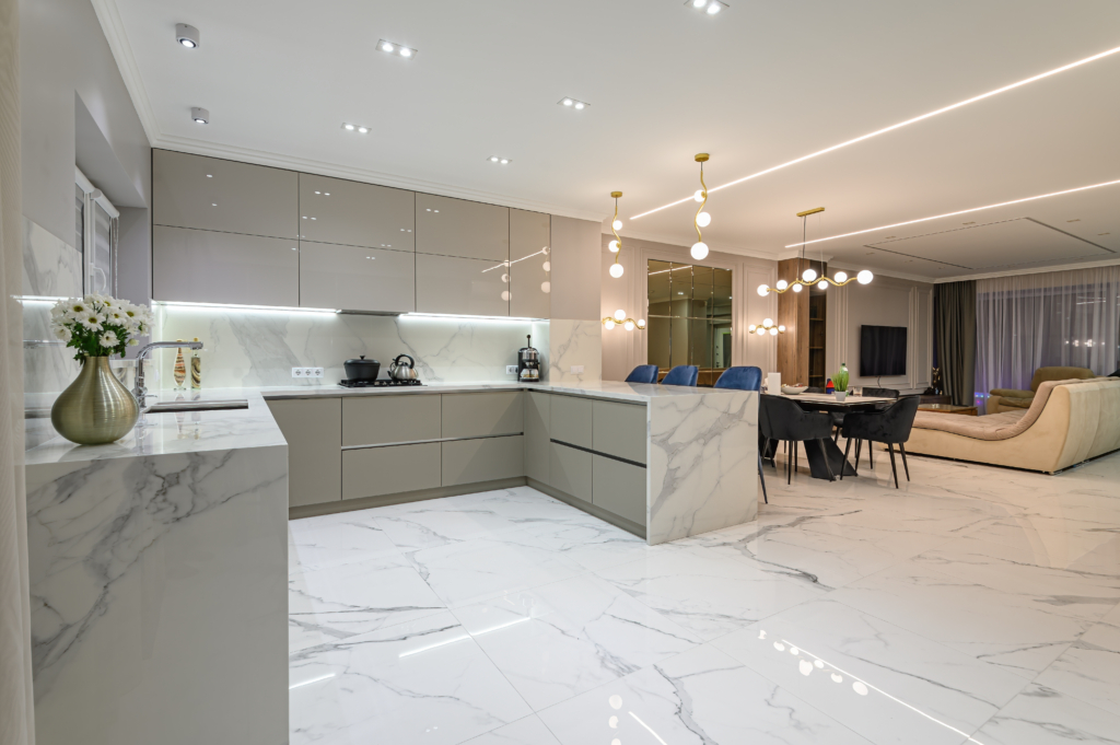 Luxury white marble kitchen in studio space