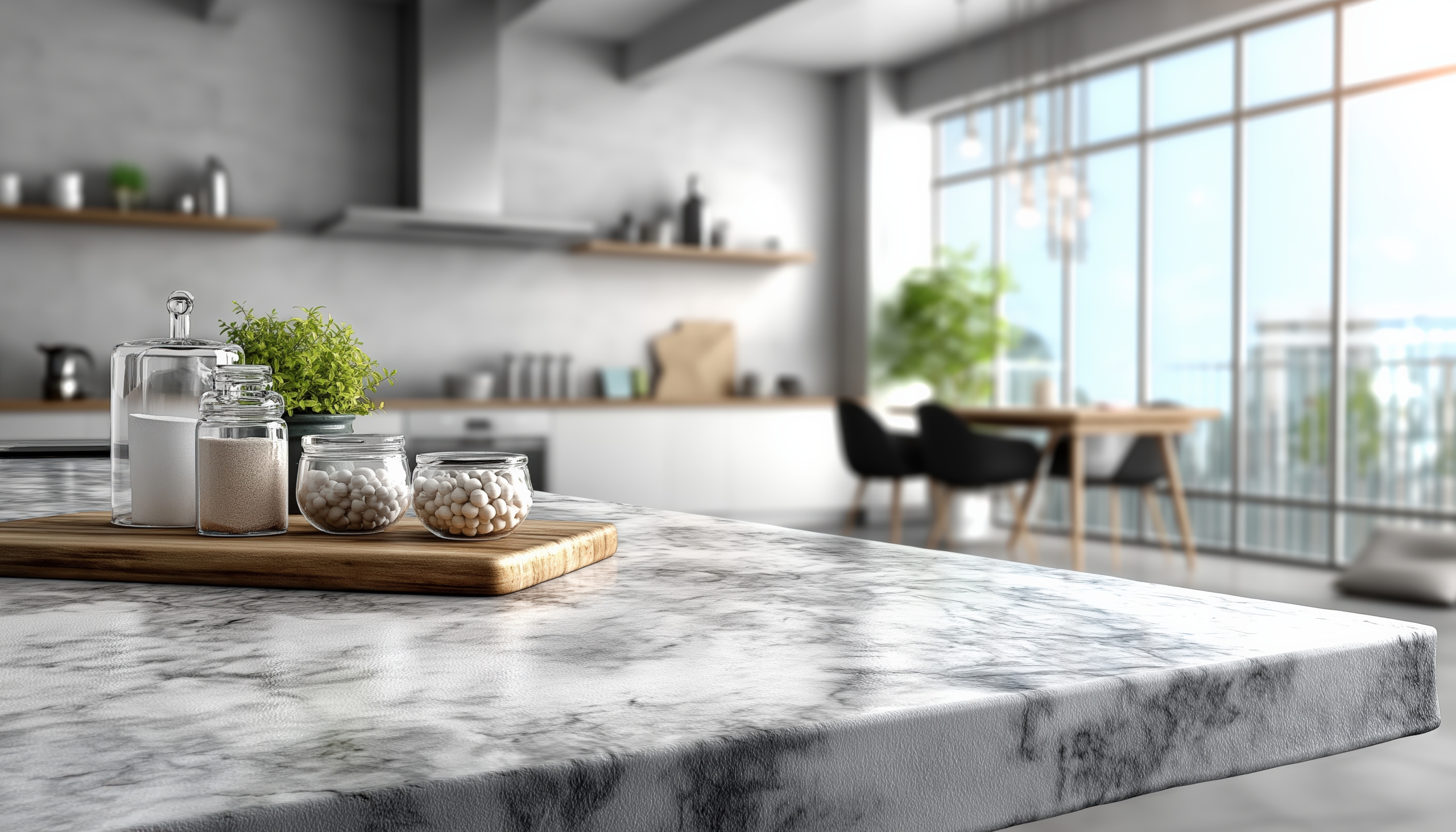 Kitchen countertop with ingredients on a cutting board, blurred background with dining table and large windows